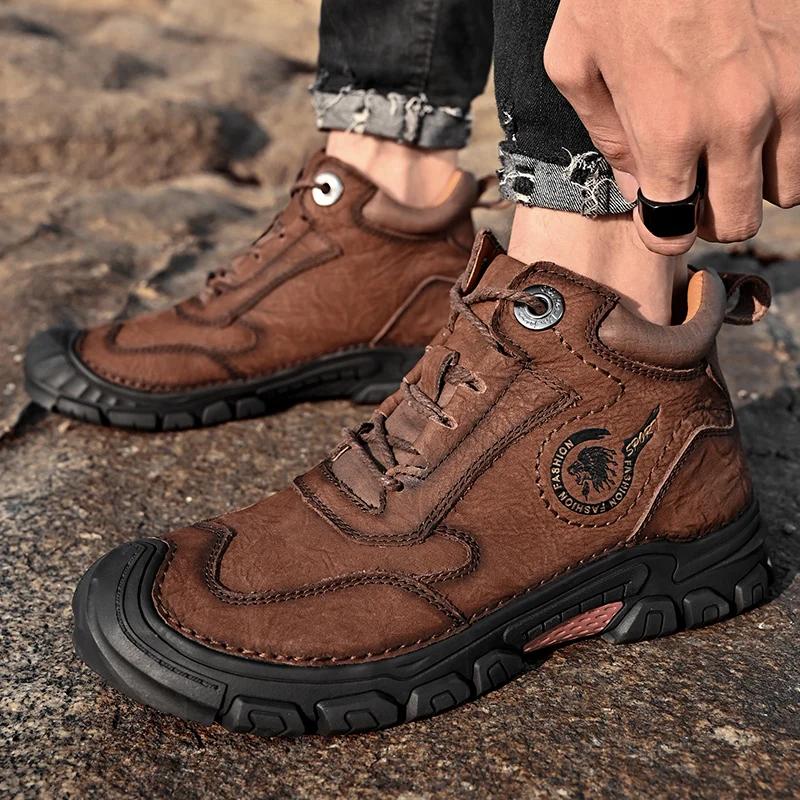 Модные походные мужские ботинки, новые кожаные походные ботинки для мужчин, нескользящие повседневные ботинки в стиле ретро, зимние теплые удобные кожаные мужские ботинки