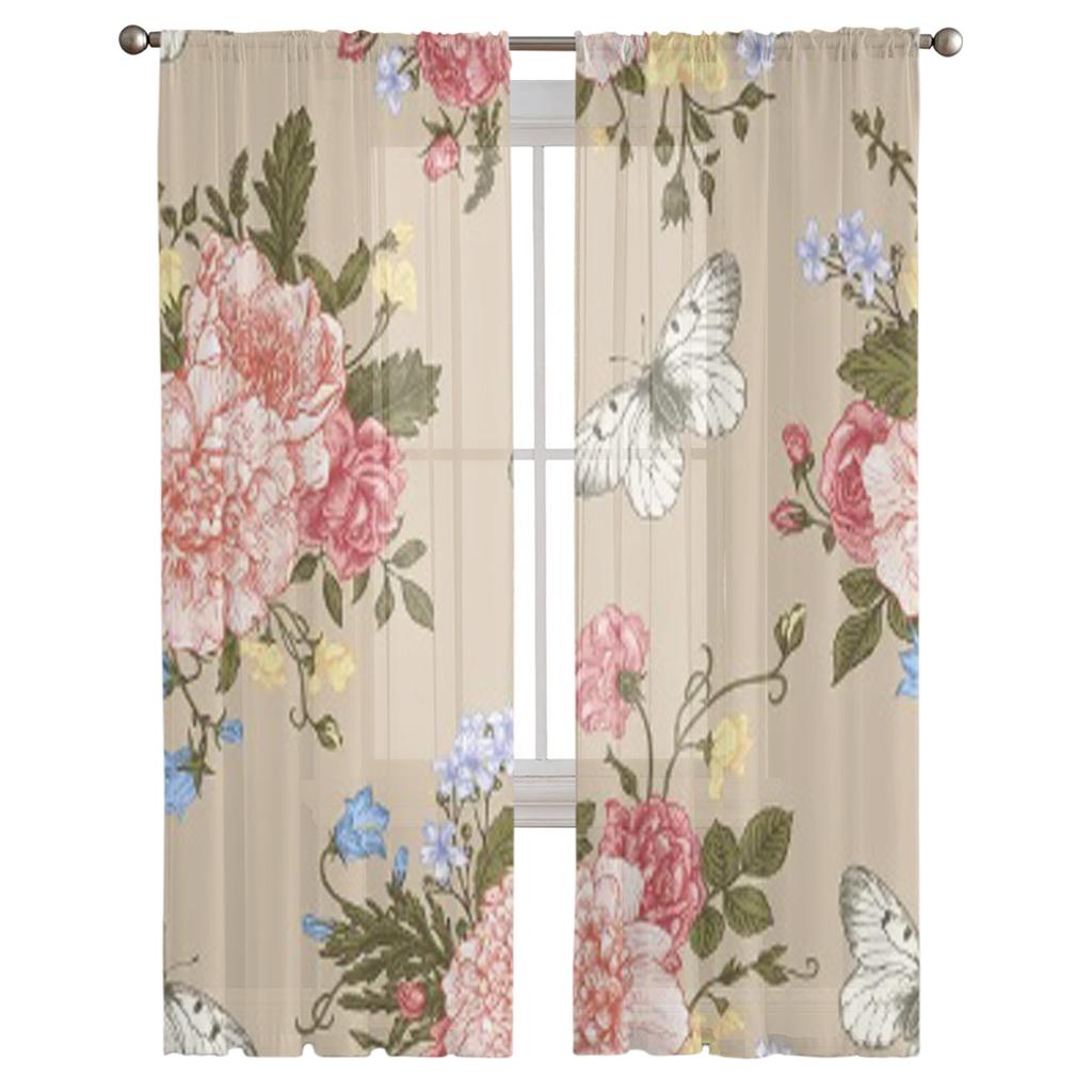 Цветочный букет из разноцветных цветов, шифоновые прозрачные шторы для гостиной, спальни, кухни, украшения окон, вуали, тюль, занавески