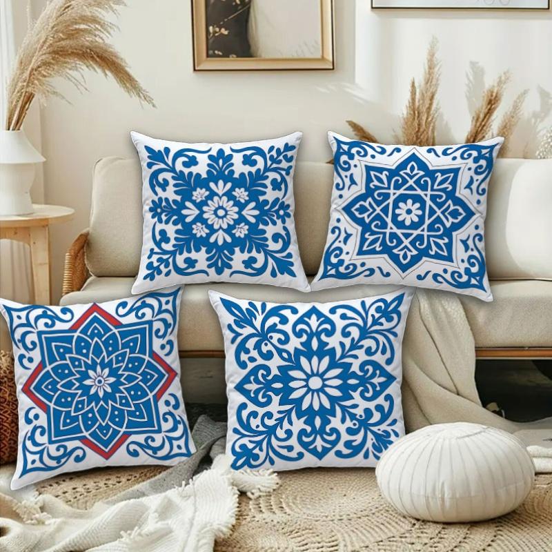Blue White Floral Tile Pillow Covers, Moroccan Damask Decorative Throw Pillow Cases, Boho Home Decor For Sofa Bed, No Insert