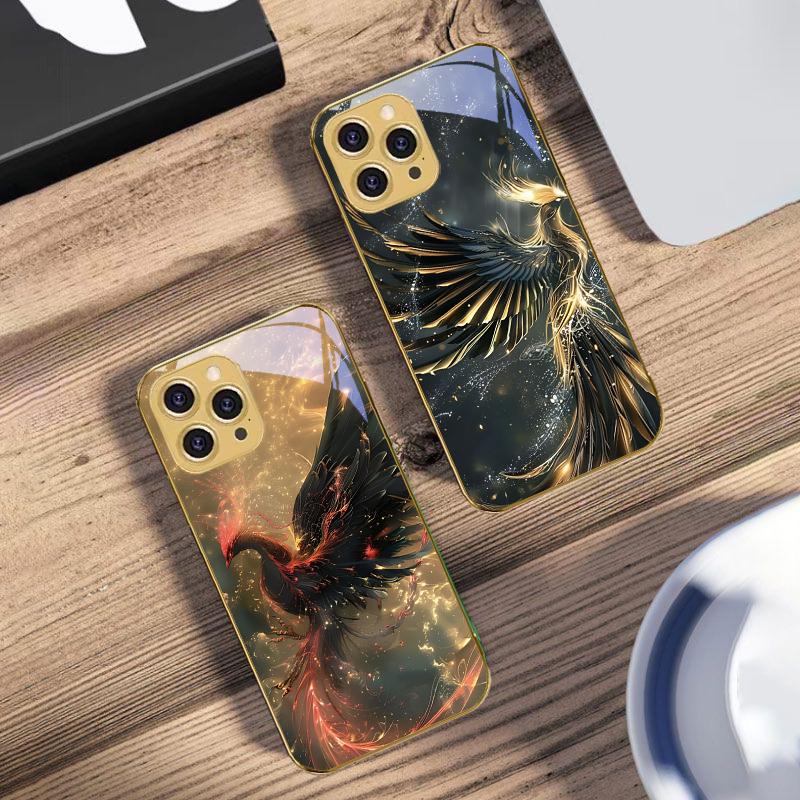 Золотой Феникс Раскрывающийся Для iPhone 16 Pro Max 15 P Ro 14 13 Plus 12 Mini 11Pro Max XS Max XR Золотой Чехол для Телефона из Закаленного Стекла
