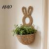Entryway Sundries Storage Easter Bunny Woven Basket, Handmade Rabbit Rustic Wall Hanging Basket Small Plant Display for Dried or Faux Flowers Plants,