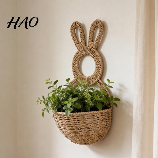 Entryway Sundries Storage Easter Bunny Woven Basket, Handmade Rabbit Rustic Wall Hanging Basket Small Plant Display for Dried or Faux Flowers Plants,