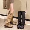 Мода 2024 года, мода, винтаж, осень-зима, мягкие, до колена, сапоги, женская обувь, дизайнерские, пряжки, высокие, массивные, каблуки, сапоги, слипоны