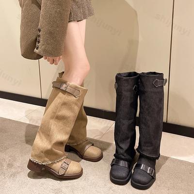 Мода 2024 года, мода, винтаж, осень-зима, мягкие, до колена, сапоги, женская обувь, дизайнерские, пряжки, высокие, массивные, каблуки, сапоги, слипоны