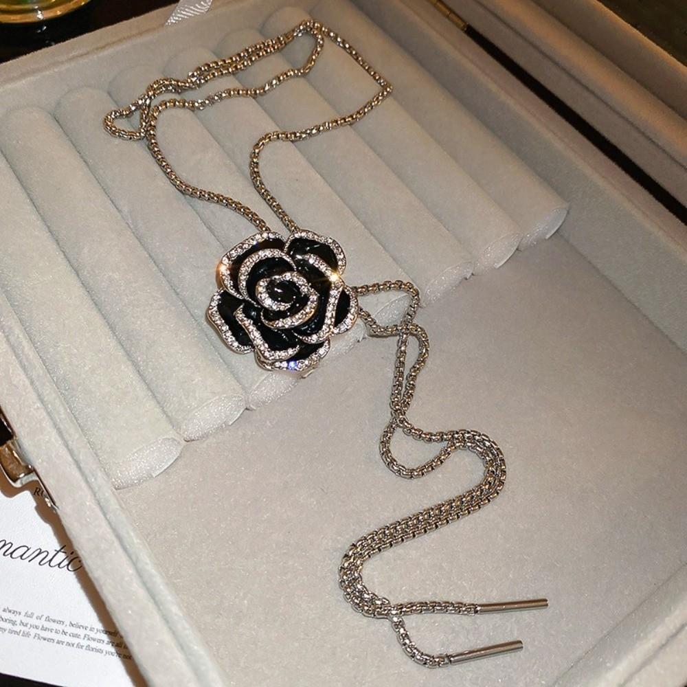 Black Rhinestone Brooch Zinc Zinc Alloy Women Long Necklace Retro Camellia Necklace Girls