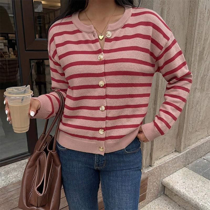 Womens Long Sleeve Christmas Knit Cardigan Sweater Red Striped Casual Winter 2026
