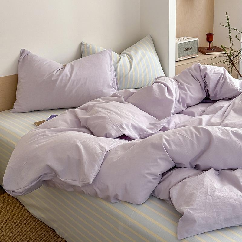 Spring And Summer Washed Cotton Contrast Color Bed Floating In Iceland Simple Style Four-piece Cotton Bed Sheet Quilt Cover