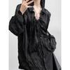 Summer Fashion Drawstring Pleated Long-sleeved Shirt Flared Sleeve Loose Black Turn-down Collar Women Tops