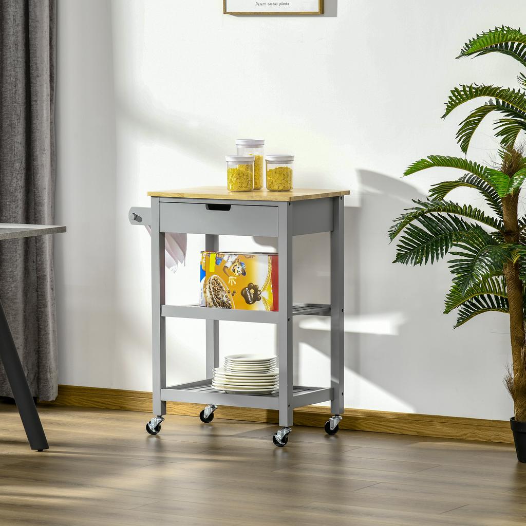 Serving Trolley Kitchen Cart on Wheels with Rubberwood Worktop - 2 Shelves, 1 Drawer and