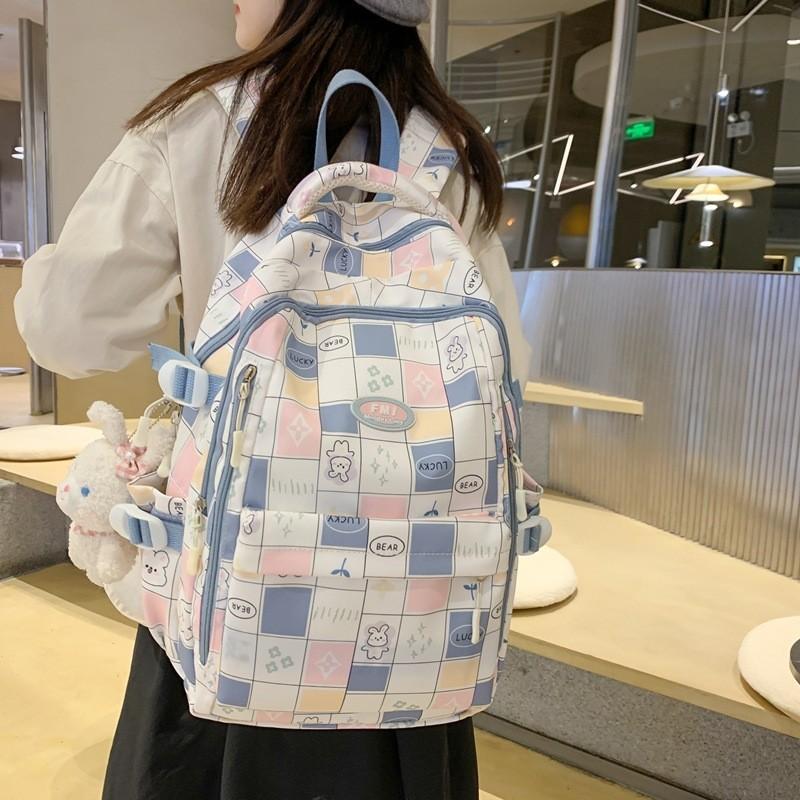 Ins Style Girls' Nylon Large Capacity Backpack For School Students Cartoon Cute Flower Pattern Grid Element