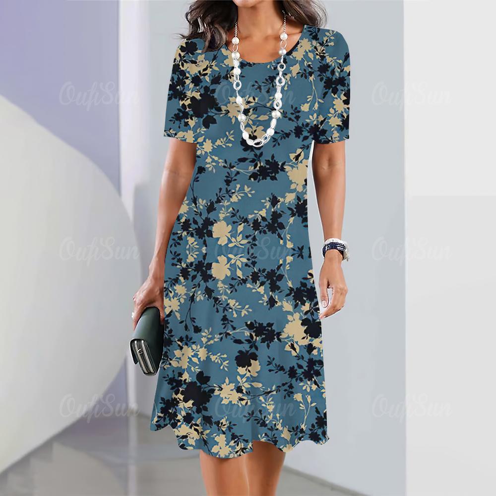 Летние женские платья с 3D-принтом в виде цветов с коротким рукавом, элегантная свободная юбка А-силуэта, модное женское платье большого размера