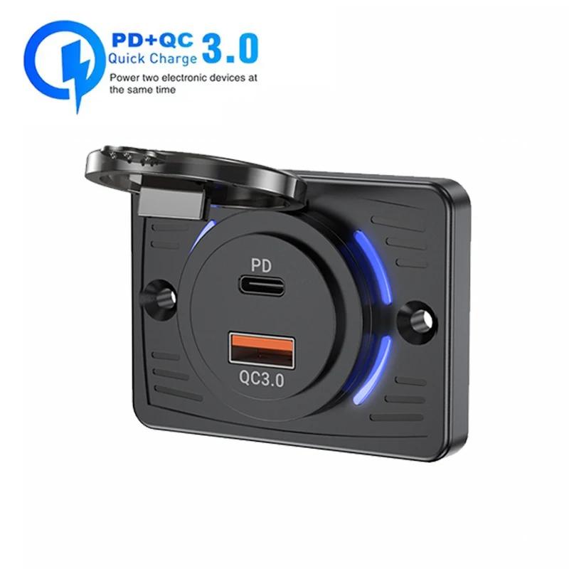 Розетка автомобильного зарядного устройства 12/24 В QC3.0 PD с быстрой зарядкой, двойной USB, с выдвижной крышкой, панельный адаптер-розетка для грузовика, кемпера, аксессуары