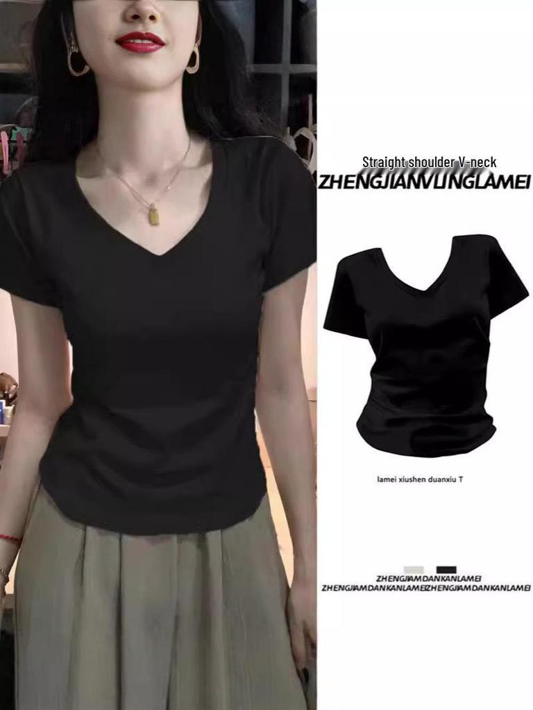 Женская летняя футболка с коротким рукавом и V-образным вырезом, облегающего кроя: Стильный, Универсальный и Высококачественный Дизайн