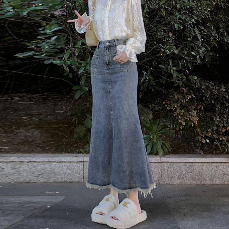 Fishtail Denim Skirt Female Summer Models Pear-shaped Cover Meat High-waisted Thin Package Hip Mid-length Skirt Burlap A-line Half-body Skirt Skirt