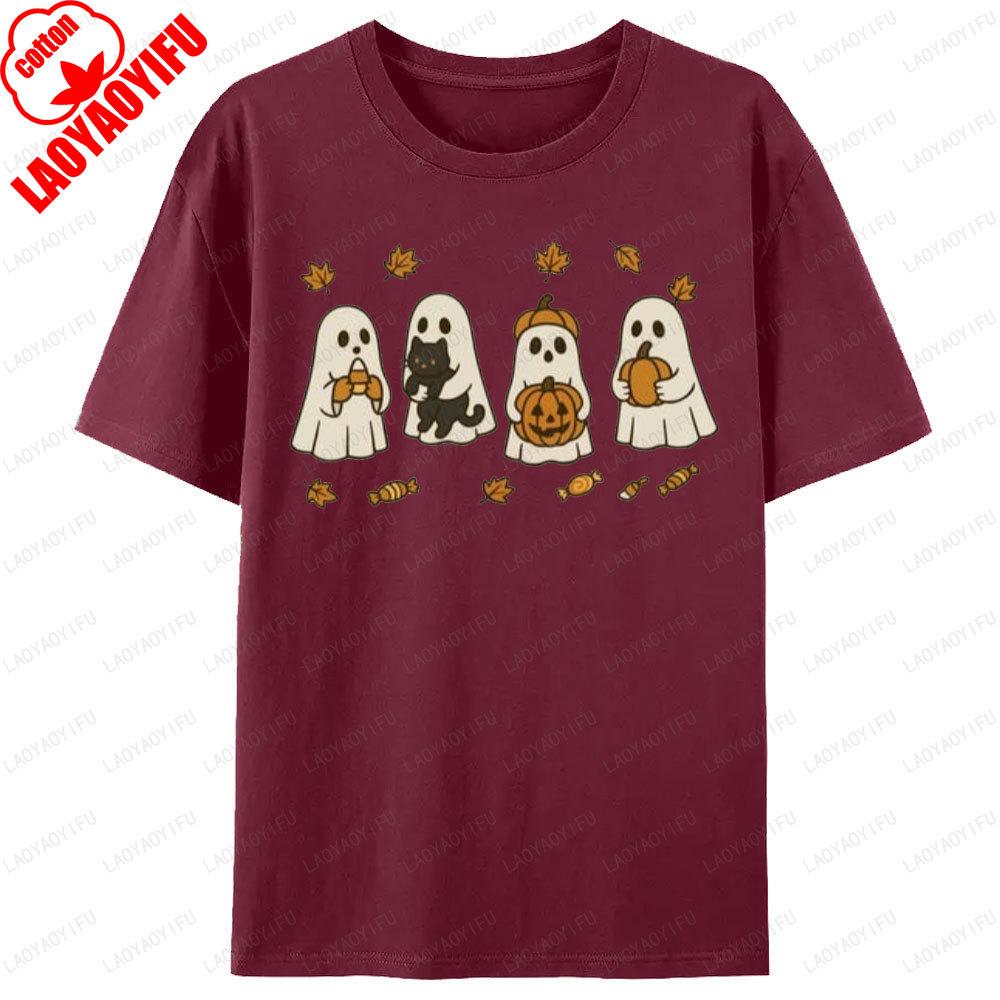 Spooky Season Ghost Cat Pumpkin Halloween Graphic T Shirts Unisex Clothes Unisex Clothing Street Fashion Crewneck Tops TShirt Gift