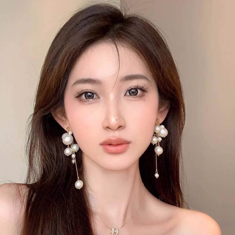 1 пара элегантных жемчужных длинных сережек-кисточек, висячие серьги для женщин и девочек, модные блестящие серьги, свадебные украшения, подарки