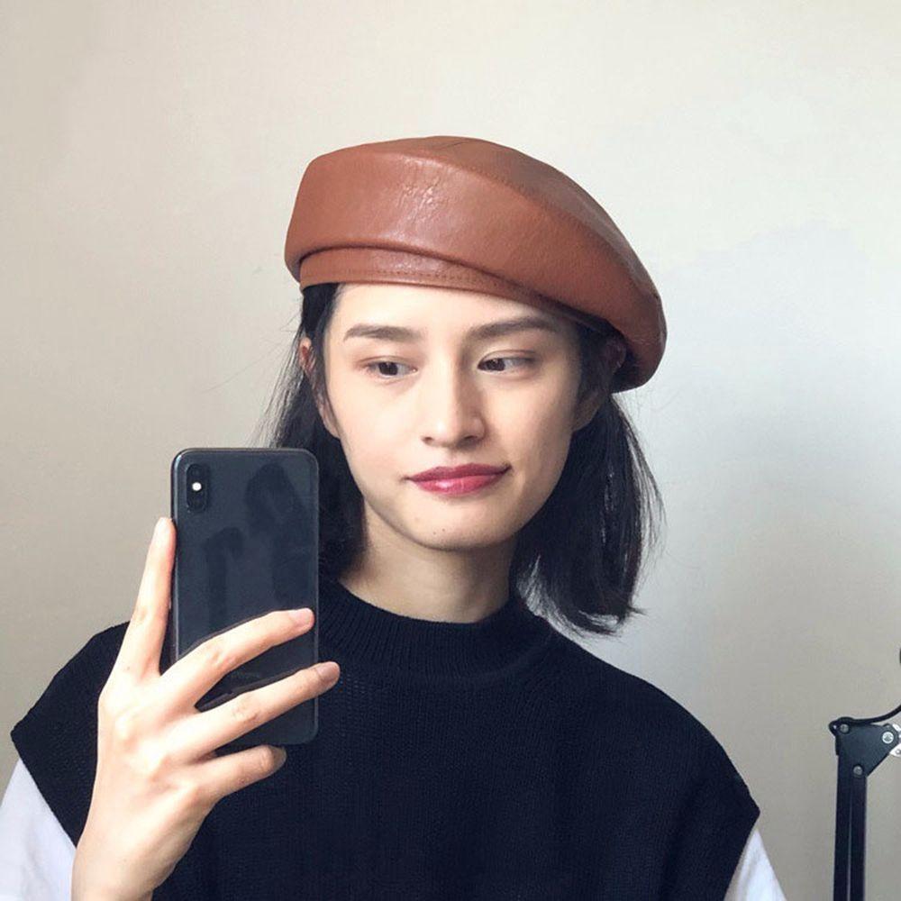 Стильная зимняя универсальная шляпа для девочек в корейском стиле, береты из искусственной кожи, шляпа художника, женская восьмиугольная кепка