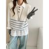 Корейский вязаный жилет в ретро-полоску 2025 с пуговицами-рожками - Женский свитер без рукавов с круглым вырезом