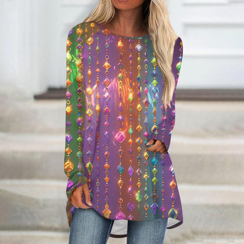 Women's Fashionable Round Neck Raglan Long Sleeved Carnival Printed Casual Pullover Top