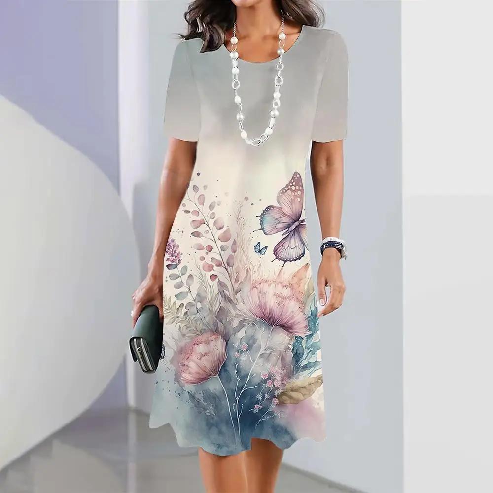 Платья для женщин больших размеров с принтом в виде 3D-бабочки и цветов Элегантная одежда с короткими рукавами Платье А-силуэта в стиле ретро Цветная одежда
