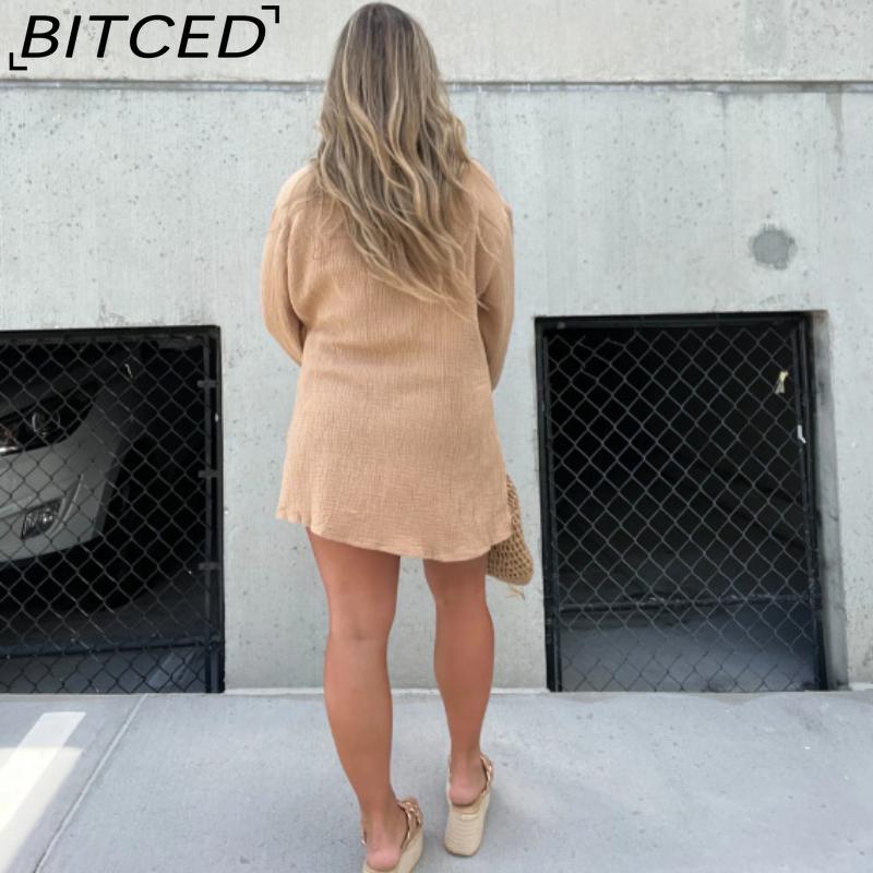 BITCED Женская рубашка из мятой ткани с длинным рукавом и шортами с высокой талией, модный повседневный комплект из двух предметов