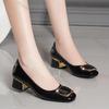Модная женская обувь на плоской подошве 2025 весна-осень новая с мелким вырезом на толстом среднем каблуке рабочая женская обувь с круглым носком кожаные туфли-лодочки