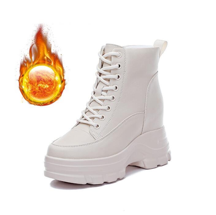 Мода 9см Коровья Черная Кожа Платформа Клинья Осенние Туфли Женские На Шнуровке Ботильоны До Щиколотки Весенние Массивные Кроссовки До Середины Икры Зимние Плюшевые