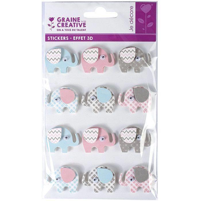 12 stickers 3D - Elephants 4,3 cm