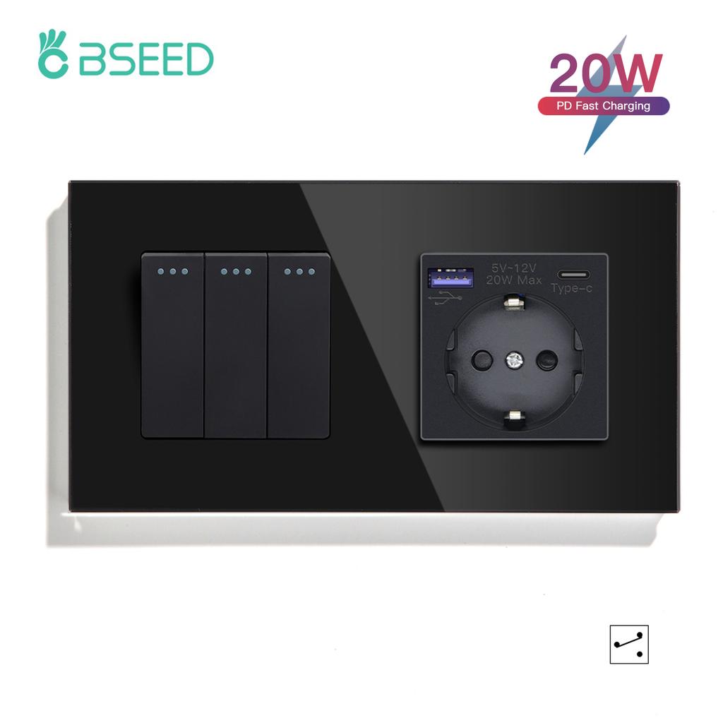 BSEED 1/2/3-клавишные механические выключатели света 2-ходовые для лестниц, коридоров с розетками EU, портами USB Type-c, стеклянной панелью, черный