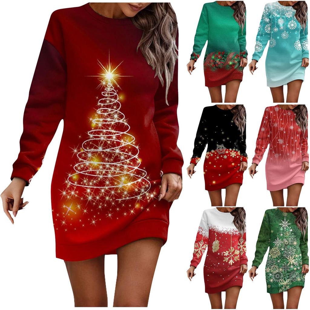 Long Sleeve Dress For Women Casual Christmas Printed Pullover Hip Pack Dress Sweater Dress Autumn