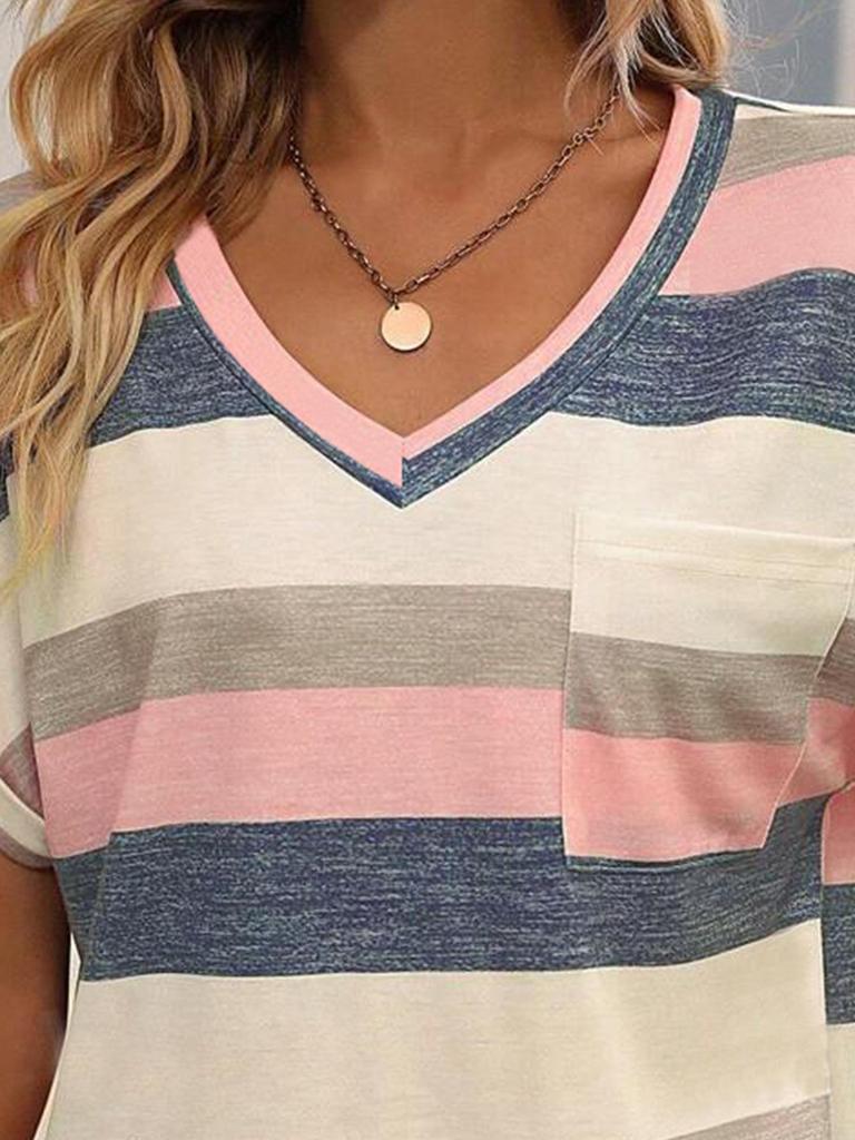 Striped V-neck Bat Sleeve T-Shirt for Women: Cross-border European & American New Spring/Summer Collection