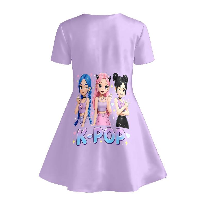 Милое Аниме с Принтом K-Pop Идола, Короткий Рукав, Детское Фиолетовое Повседневное Летнее Платье, Подходит для Подарков на День Рождения и Вечеринок