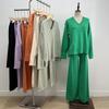 Autumn Winter Knitted Sweater Suit Female Loose V Neck Jumper Pant Two Piece Sets