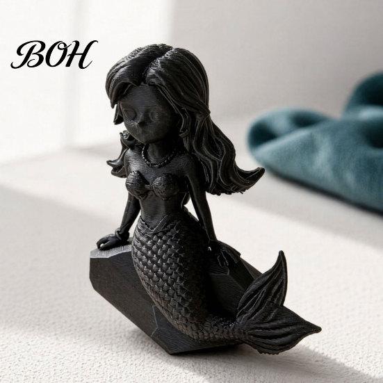 Cartoon Mermaid Figurine 3D Printed Action Figure, Dark Gothic Style with Matte Black Finish, Movable Joints Wavy Hair Design & Wide Rock Base, Decor