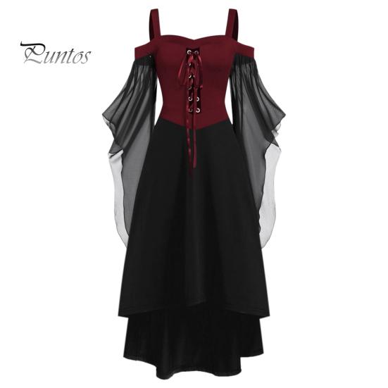 Женское платье для косплея в готическом стиле, костюм ведьмы на Хэллоуин, на шнуровке, без воротника, в тон, с длинными рукавами и рогами, платье трапециевидной формы