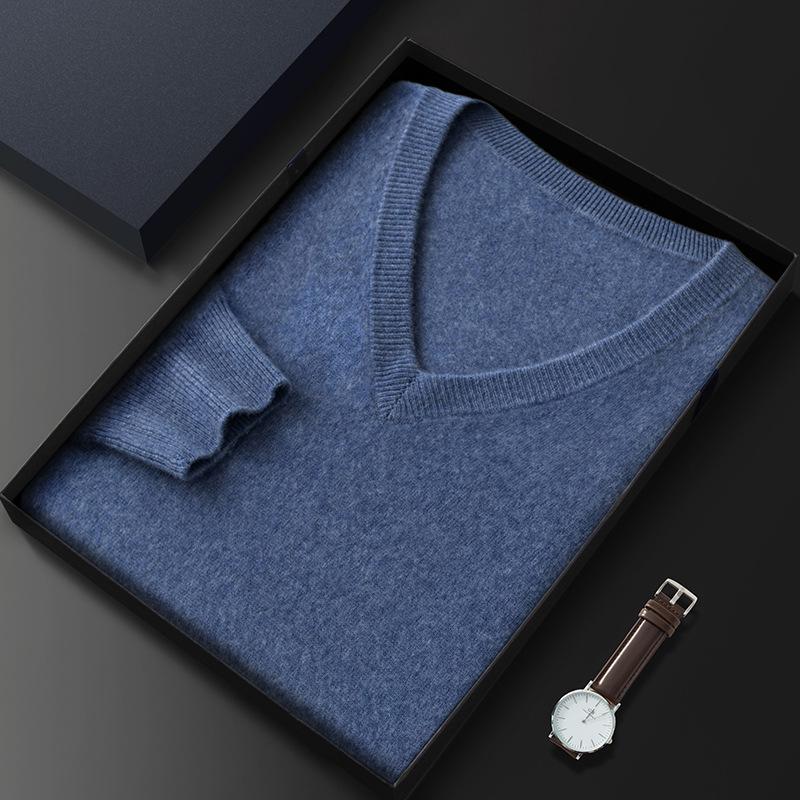 Men's V-Neck Cashmere Sweater - Long-Sleeved Business Knit for Autumn and Winter