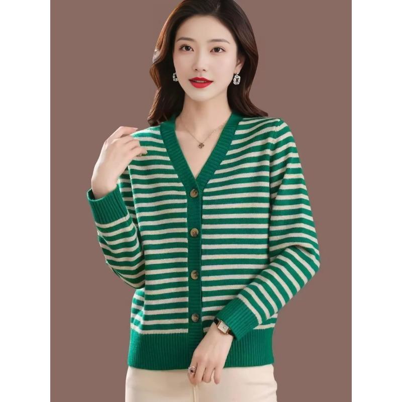 Мамин кардиган Весна Осень и Зима Полосатый воротник Куртка Новый женский вязаный топ