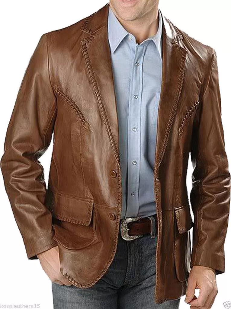 AL KHALID Men's Real Leather Blazer Brown Jacket Two Button Classic Party Club Coat