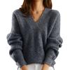 Женская мода V-образный вырез однотонный трикотажный низ рубашка длинный рукав пуловер топ свитер