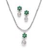 Plated Silver Toned Green Cubic Zirconia Studded Floral Shaped Cute Pendant with Earrings Jewellery Set for Girls and Women
