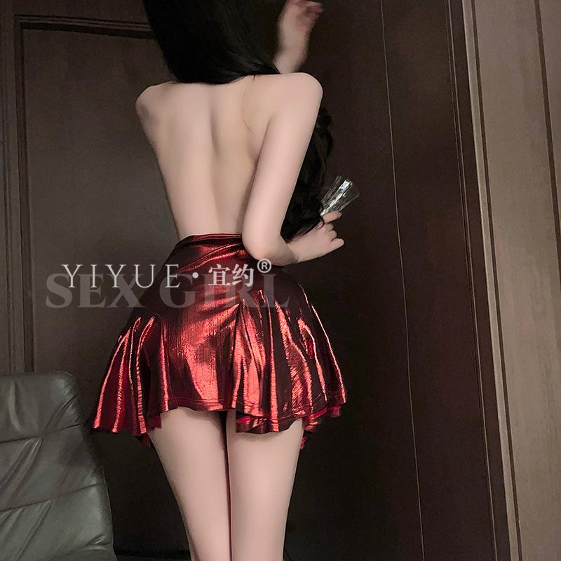 Sexy, shiny, gilded red erotic lingerie dress, women's nightclub uniform, seductive bareback suit 8996