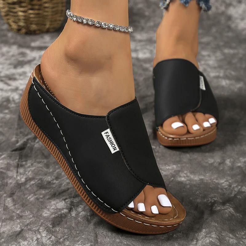 Модные легкие туфли-клинья с открытым носком, женские летние сандалии на платформе с толстой подошвой, женские шлепанцы из искусственной кожи больших размеров, обувь Mujer 43