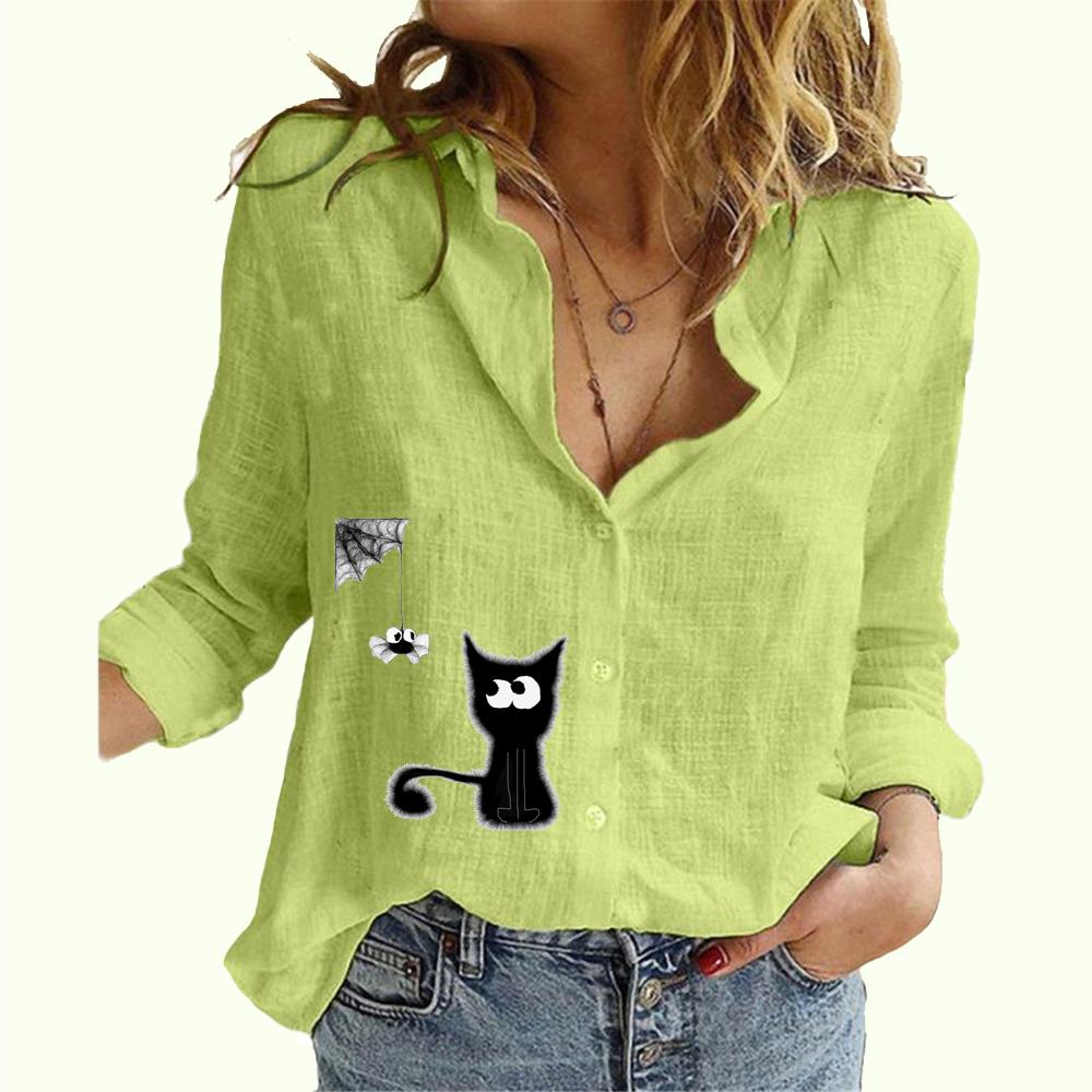 Женская модная рубашка на пуговицах, весна-лето, тонкий хлопковый льняной топ, повседневная блузка с длинными рукавами и принтом кота