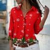 Christmas Print Women Blouse Spring Autumn Femme Office Lady Button Up Turn Down Collar Shirts