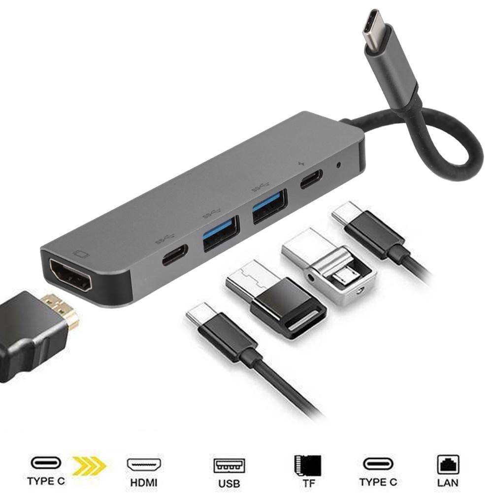 5-в-1 USBC на TypeC 3 USB 3.0 концентратор HDMI Ethernet Mini SDTF OTG адаптер для Thunderbolt 3