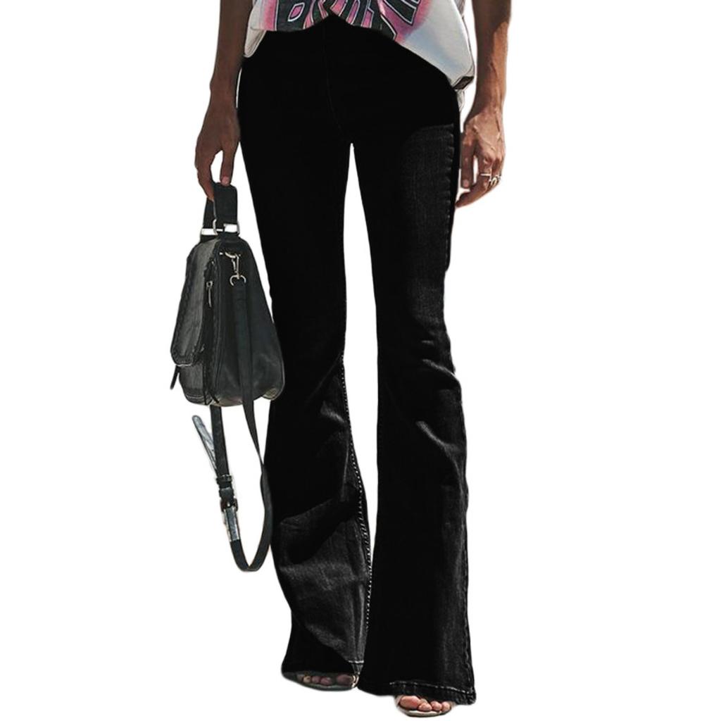 Women's Mid Rise Flare Bootcut Long Denim Pants Washed Solid Color Casual Jeans