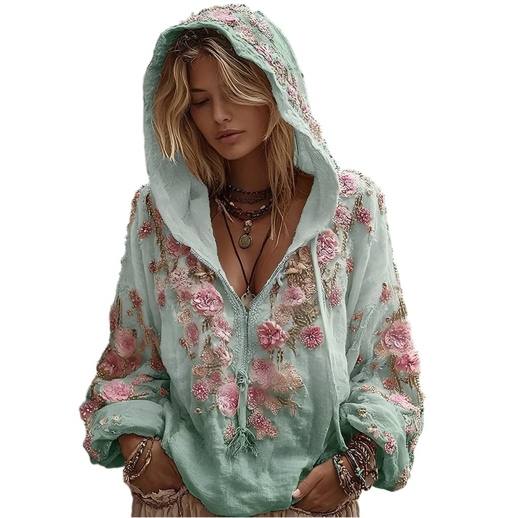 Женский модный худи с длинными рукавами, винтажным цветочным принтом, повседневный свитшот