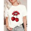 Black Oversized T Shirt With Red Lips And Cherries Print For Casual Wear