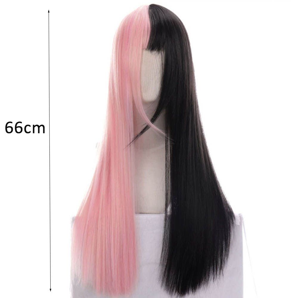 Women Female Synthetic Bangs Cosplay Lolita Double Color Toupee Black&pink Wig Long Straight Hair