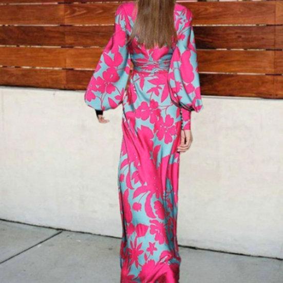 Ladies Dress Long Lantern Sleeve Deep V Neck High Waist Contrast Color Flower Print Big Hem Prom Banquet Cocktail Maxi Dress